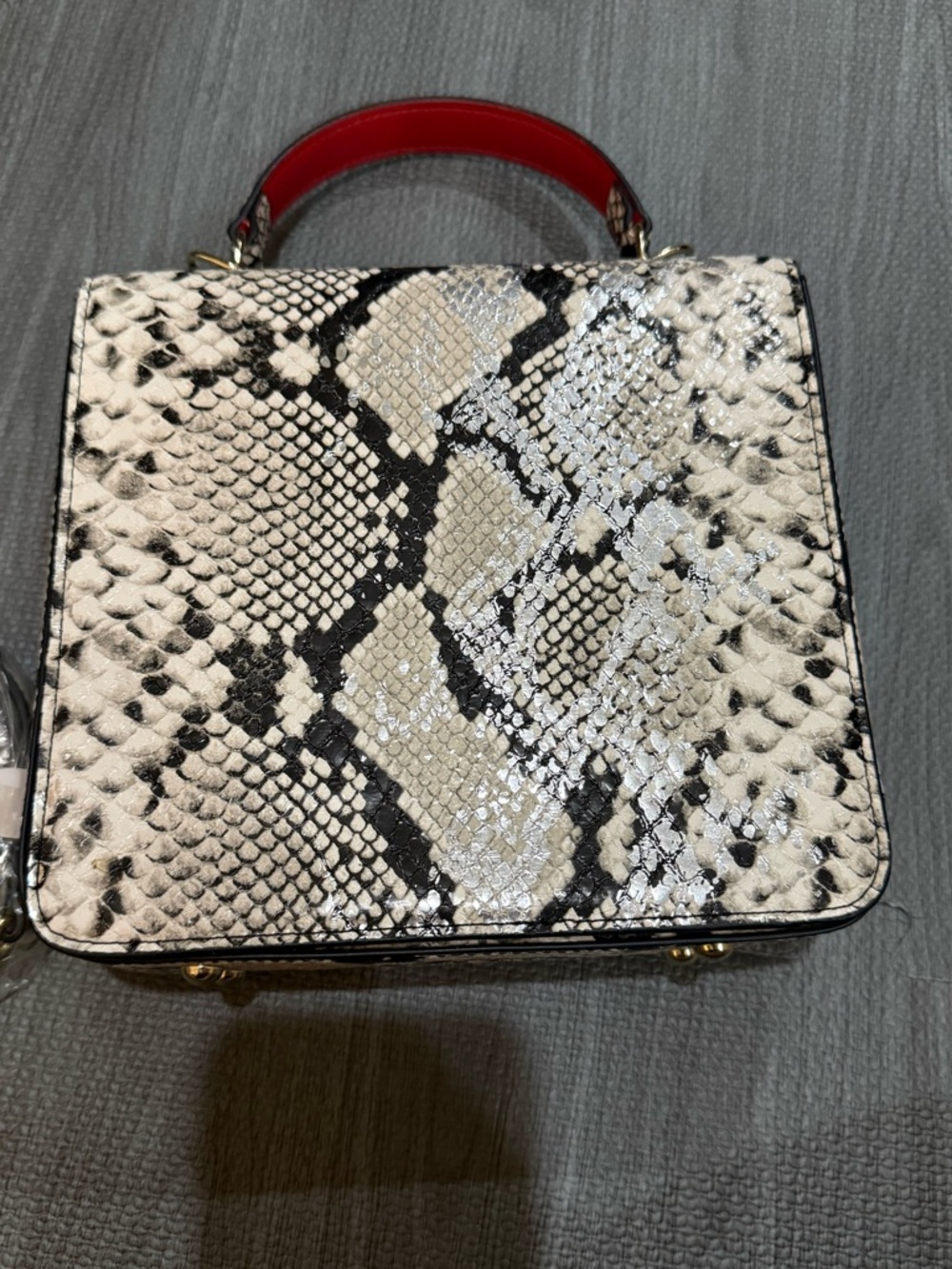 Structured Snake-Print Top Handle Satchel in Cream & Black - Picture 6 of 6